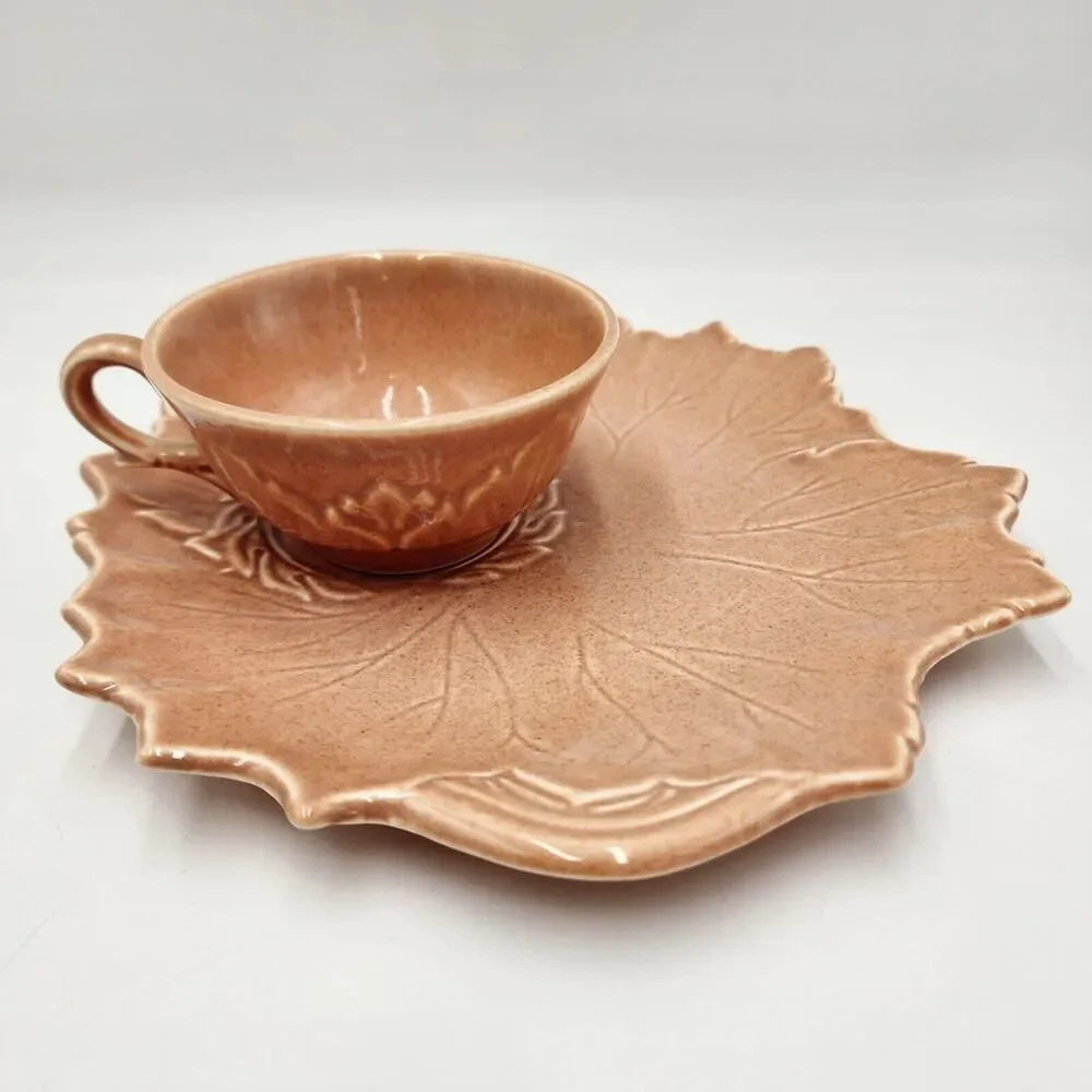 Woodfield Steubenville Pottery Snack Plate & Cup Leaf Plate Pink Peach Autumn